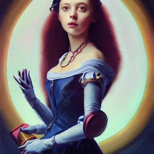 Image similar to a beautiful painting of realistic full body of a beautiful girl in cape, mechanical arm, face by Artgerm, symmetrical portrait, symmetrical eye, trending on artstation, painting by Alexander Jansson + Anthony Van Dyck + Anna Dittmann, complementary colors, dramatic lighting, Unity Creations, super detailed, 8k, no watermarks