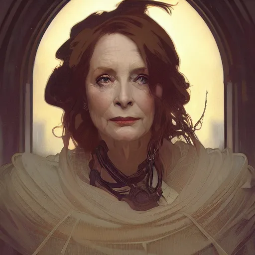 Image similar to A portrait of Nancy Patricia Pelosi by greg rutkowski and alphonse mucha,In style of digital art illustration.Dark Fantasy.darksouls.hyper detailed,smooth, sharp focus,trending on artstation,4k