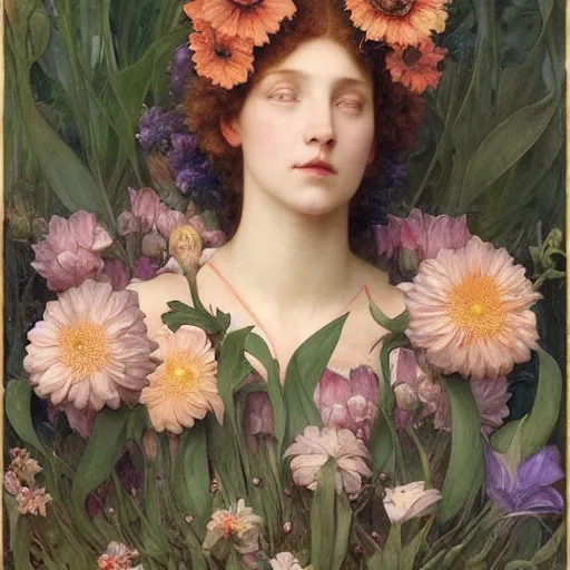 Prompt: queen of flowers, by annie swynnerton and charlie bowater and william - adolphe bouguereau, nicholas roerich and jean delville and evelyn de morgan, dramatic lighting, floral tattoos, rich colors, smooth sharp focus, extremely detailed, donato giancola, adolf wolfli