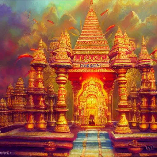 Image similar to hindu temple in south india by raymond swanland, highly detailed, bright tones
