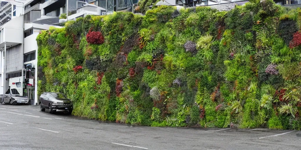 Prompt: lampton quay, wellington city, new zealand where the building walls are covered in living walls made of nz endemic plants. rainy windy day. google street view