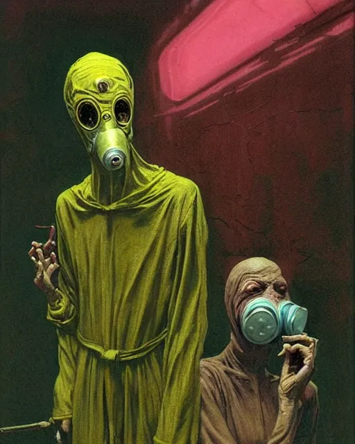 Image similar to two skinny old people with extra limbs, wearing gas masks, bodies wrapped in robes of gold, green and pink, during a biohazard apocalypse, cinematic, dystopian, eerie, horror, gothic, highly detailed painting by Francis Bacon, Beksinski, Esao Andrews, !!!Edward Hopper!!! surrealism, art by Takato Yamamoto and !!!James Jean!!!