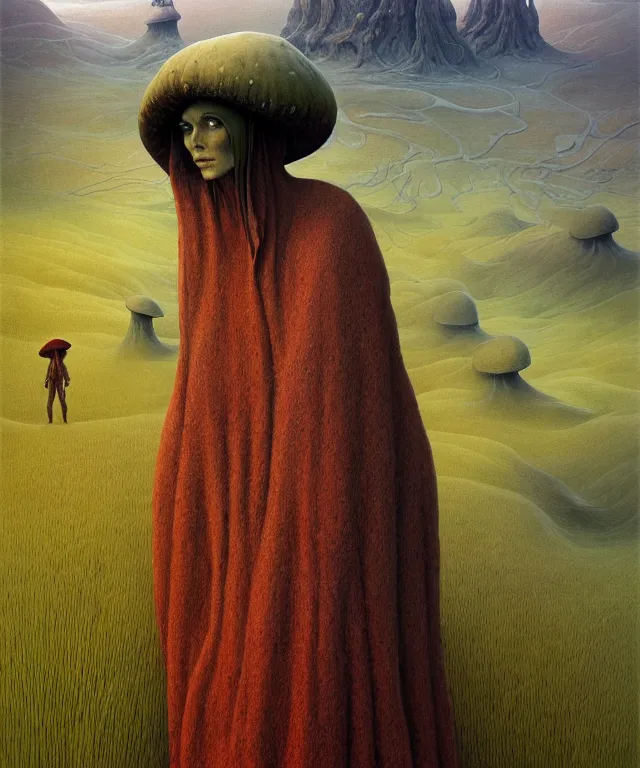 Image similar to A detailed funguswoman stands among the mushroom hills. Wearing a ripped mantle, robe. Perfect faces, extremely high details, realistic, fantasy art, solo, masterpiece, art by Pauline Baynes, Zdzisław Beksiński