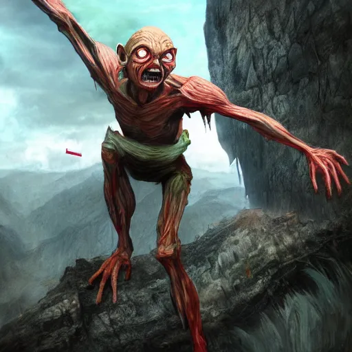 Prompt: gollum as a titan, attack on titan, matte painting, vibrant, colorful, 4 k, artstation, cgsociety