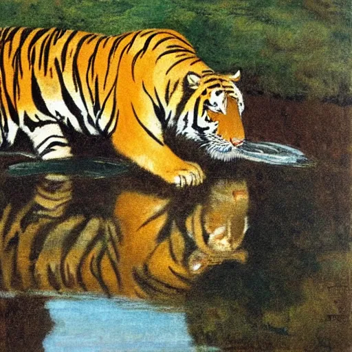 Image similar to a tiger drinks water from a pond by abbey edwin austin