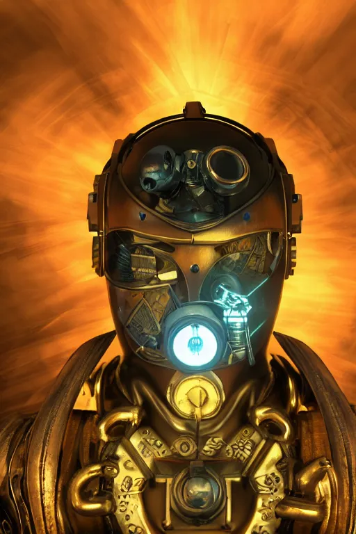 Image similar to steampunk mask minimalist fantasy art robot ninja helmet, global illumination ray tracing hdr fanart arstation by sung choi and eric pfeiffer and gabriel garza and casper konefal radiating a glowing aura