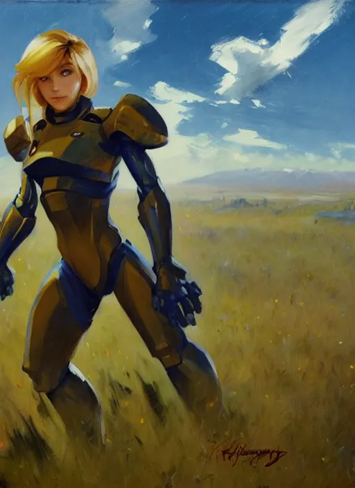 Image similar to Greg Manchess painting of Samus from Metroid Prime, countryside, calm, fantasy character portrait, dynamic pose, above view, sunny day, thunder clouds in the sky, artwork by Jeremy Lipkin and Giuseppe Dangelico Pino and Michael Garmash and Rob Rey, very coherent asymmetrical artwork, sharp edges, perfect face, simple form, 100mm