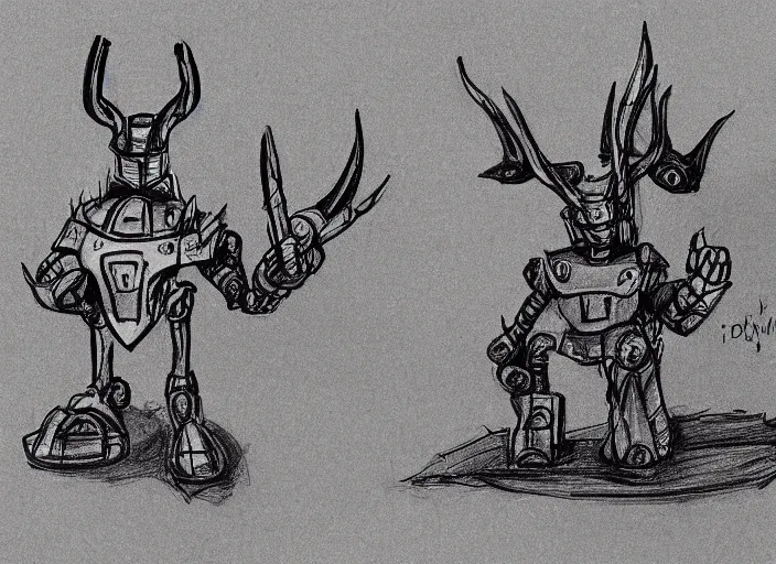 Image similar to professional basic drawings of evil warlord robot with horns