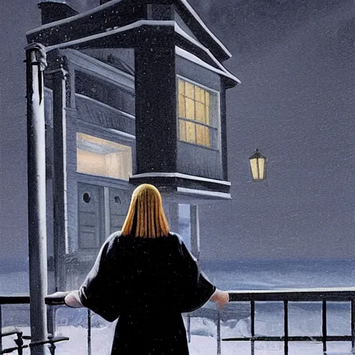 Prompt: Elle Fanning with a creepy cult at night in the world of Edward Hopper, stormy snowy weather, beach, fire, black robes, extremely detailed masterpiece, oil on canvas, low-key neon lighting, artstation, Blade Runner 2049, Roger Deakin’s cinematography, by J. C. Leyendecker and Peter Paul Rubens,