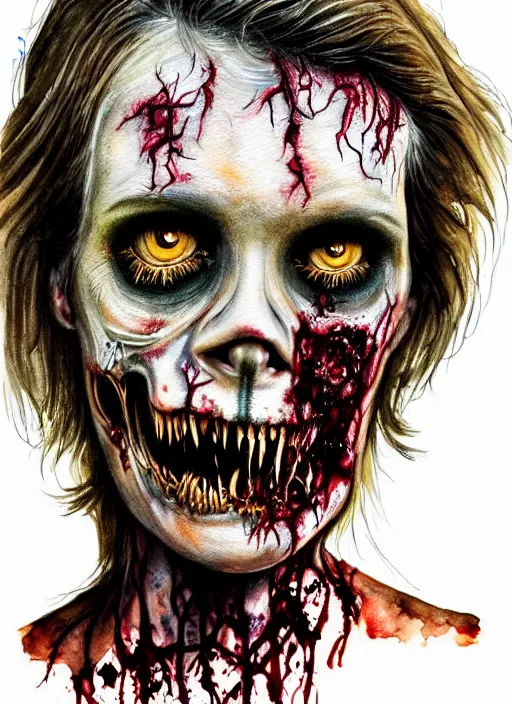 Image similar to zombie hollywood professional acting headshot, hyperrealism, intricate detailed, studio lighting, charming expression gesicht, watercolor art, drawn and painted, colored layers, dulled contrast, exquisite fine art