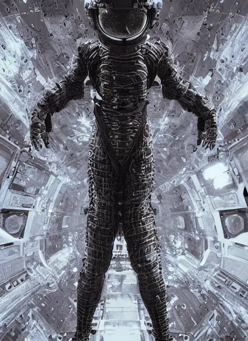 Image similar to astronauts in dark and empty void underwater - complex and hyperdetailed technical suit. reflection and dispersion materials. rays and dispersion of light. volumetric light. 5 0 mm, f / 3 2. noise film photo. flash photography. ultra realistic, wide angle. poster by wayne barlowe, hajime sorayama aaron horkey, craig mullins