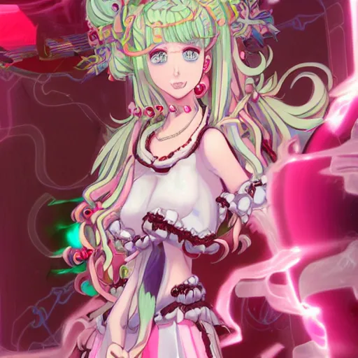 Image similar to stunningly beautiful omnipotent megalomaniacal anime asi goddess who looks like junko enoshima with symmetrical perfect face and porcelain skin, pink twintail hair and cyan eyes, traps you inside her surreal vr castle where she controls you completely with a twisted smile!!!, hyperdetailed, digital art from danganronpa, unreal engine 5, 8 k