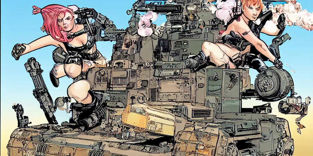 Image similar to tank girl sitting on top of the tank. comic book style. illustration. marvel. print. high details.