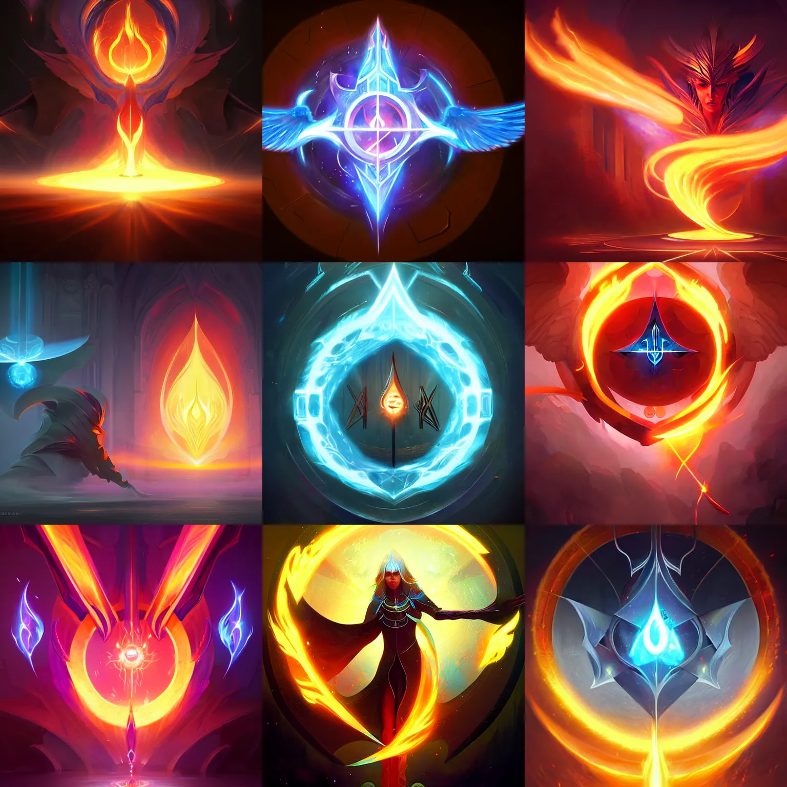 Prompt: holy flame spell, glowing geometry, digital painting art, aion, fantasy game spell symbol, by greg rutkowski