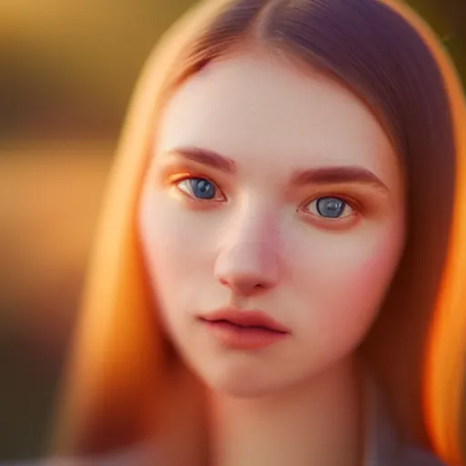Prompt: beautiful hyperreal photograph of a cute woman, very detailed face, golden hour, soft focus, 8 k, portra 4 0 0