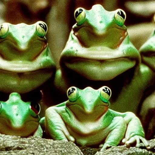 Image similar to movie film still scene, lord of the rings with frog heads