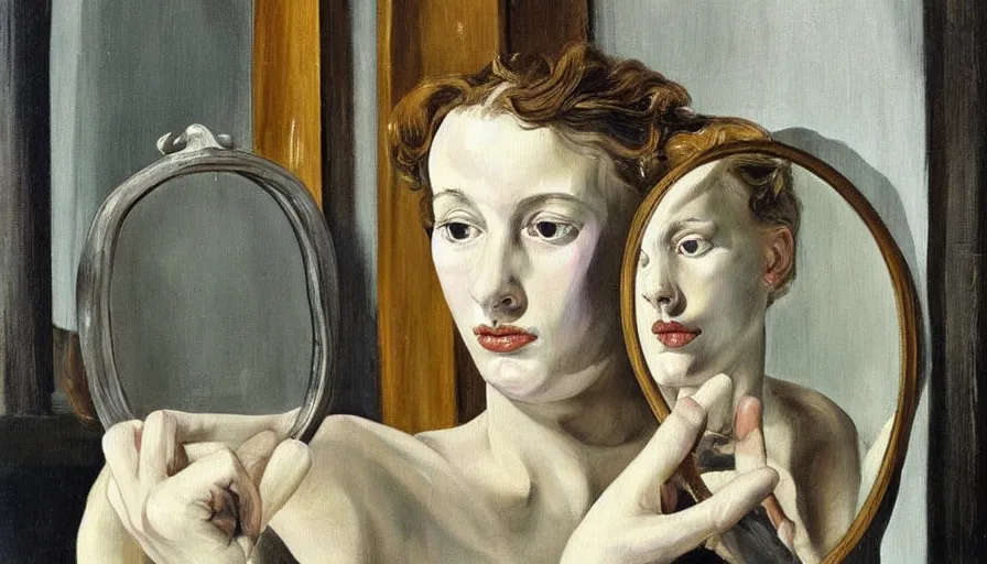 Image similar to painting by lucien freud, young woman in front of the mirror, detailed, stunning