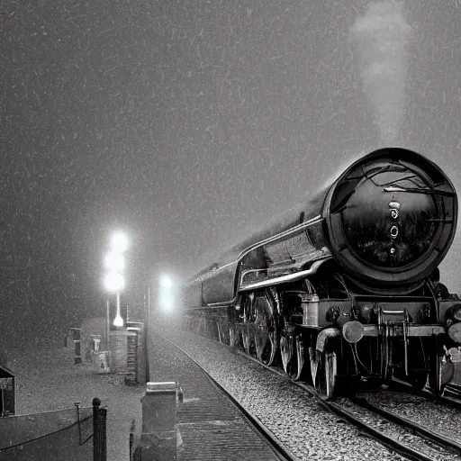 Image similar to a hyperdetailed photograph of the flying scotsman on the rails producing lots of black smoke in an old timey city, night, dense fog, rain, hd, 8 k resolution by greg rutowski, stanley artgerm, alphonse mucha