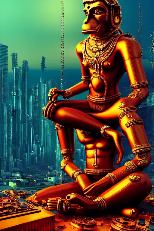 Image similar to high quality 3 d render colorful deconstructed cyborg! hanuman sitting, gold madhubani, highly detailed, cyberpunk!! mumbai in the background, vray cinematic smooth, liam wong, moody light, low angle, uhd 8 k, sharp focus
