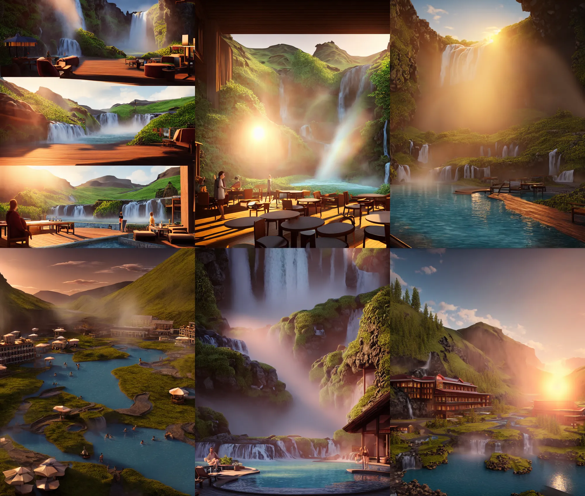 Prompt: establishing wide shot inside resort hotel, beside the combination of iceland hot springs and yangtze river waterfalls, movie still, sunset light, soft sunbeam, travel ad, detailed concept art, artstation, realistic, fine details, 4 k, unreal engine, hyperrealism, detailed textures