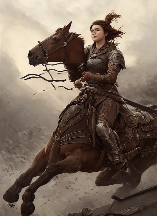 Prompt: angry Maisie Williams leading the charge on horse as a ruggedly muscled handsome heroine, intricate, elegant, highly detailed, centered, digital painting, artstation, concept art, smooth, sharp focus, illustration, artgerm, donato giancola, Joseph Christian Leyendecker, WLOP, Artgerm, thunder storm