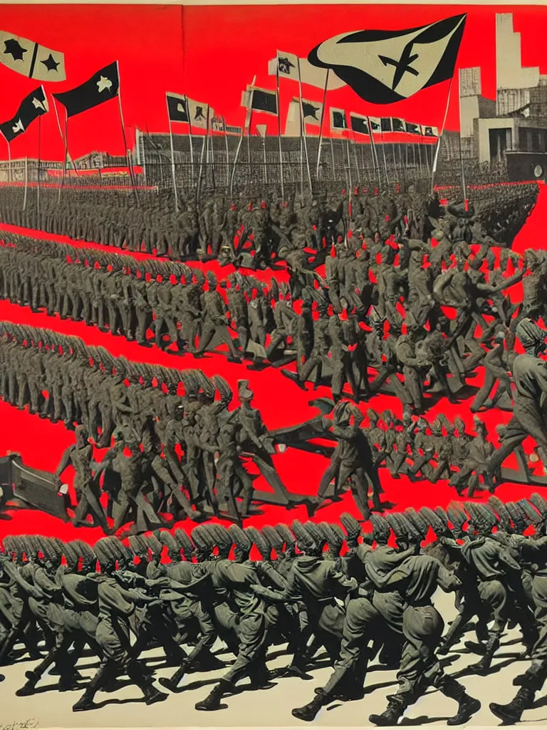 Prompt: army parade glorious march, futuristic alternate timeline, anarcho - communist hordes, red and black flags, modernist factories in background, art by max ernst, cnt spanish civil war era propaganda