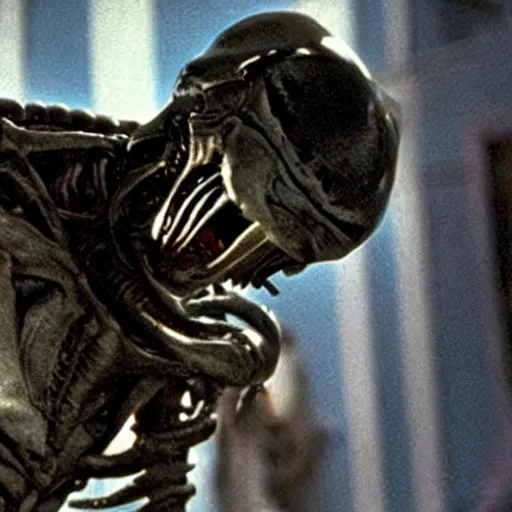 Image similar to xenomorph with a dead dog in its mouth. 1980s big budget movie.