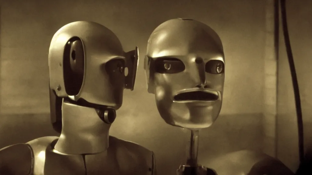 Image similar to The man with robot head, movie still, cinematic composition, cinematic light, by David Lynch