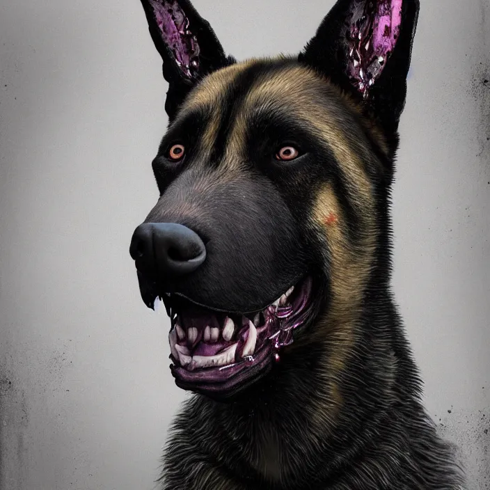 Image similar to portrait of zombie belgian-malinois. intricate abstract. intricate artwork. by Tooth Wu, wlop, beeple, dan mumford. octane render, trending on artstation, greg rutkowski, very coherent symmetrical artwork. cinematic, hyper realism, high detail, octane render, 8k, iridescent accents, deep blacks