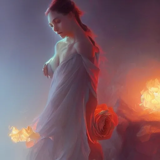 Image similar to a Rose on fire, fog, volumetric lighting, intricate, elegant, highly detailed, digital painting, artstation, concept art, smooth, sharp focus, illustration, art by artgerm and greg rutkowski and alphonse mucha