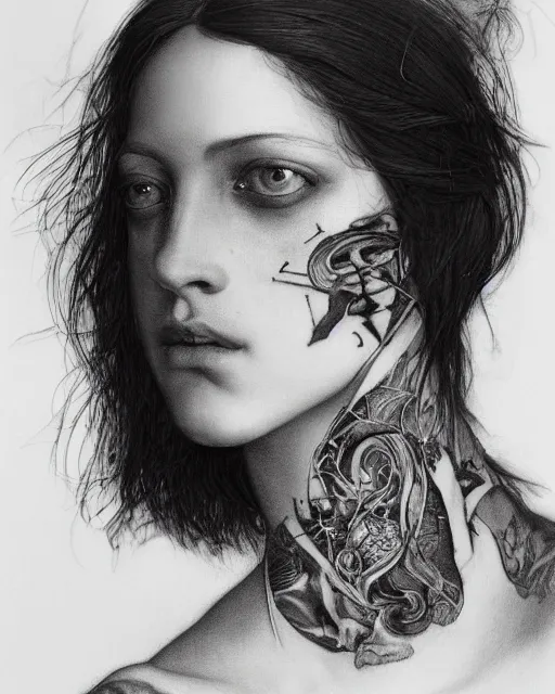 Prompt: a black and white portrait of model with tattoos wearing balenciaga jewelry, by edgar maxence and caravaggio and michael whelan, artistic, intricate drawing, light brazen, realistic fantasy, extremely detailed and beautiful aesthetic face, 8 k resolution