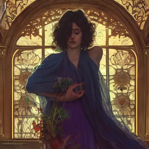 Image similar to Her soul was made of poems, her hair music, Her skin was made of words that my hands couldn't wait to read, highly detailed, digital painting, artstation, concept art, sharp focus, illustration, art by alex ross and greg rutkowski and alphonse mucha