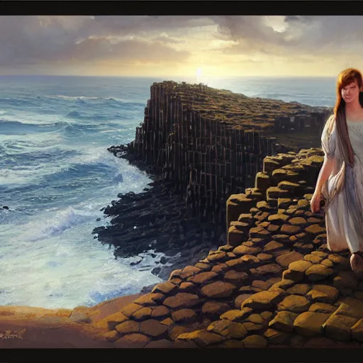 Image similar to a giant human at the giants causeway, by jessica rossier, by greg rutkowski, by anders zorn, by greg manchess, beautiful cinematic light