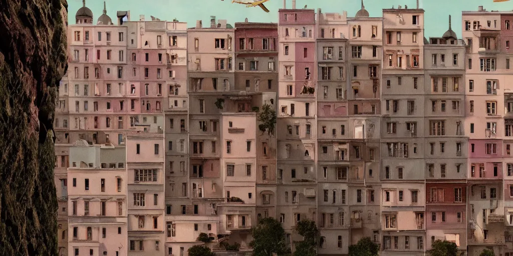 Image similar to a very high resolution image from a new movie, upside - down and criss - cross stairs, beautiful scenery, photorealistic, photography, directed by wes anderson