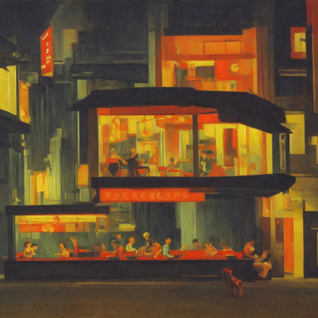 Image similar to singapore night scene, painted by edward hopper