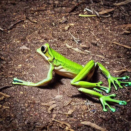 Image similar to human! frog werecreature, photograph captured at woodland creek