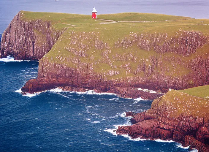 Prompt: a landscape photo of neist point lighthouse isle of skye, aerial far wide shot with 4 0 0 m lens, strong kodak portra film look