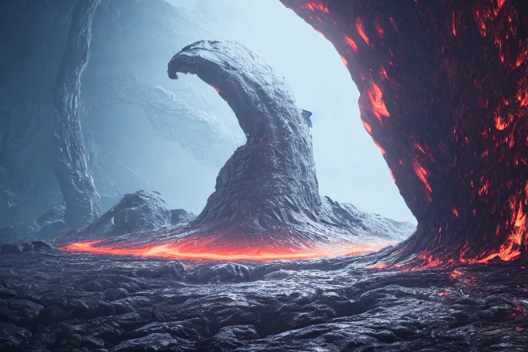 Image similar to the earth cracked in the middle exposing a melting core of lava, dark souls inspired, elden ring inspired, octane render, rtx, unreal engine 5, digital painting, trending on artstation, highly detailed, epic composition, 8 k uhd