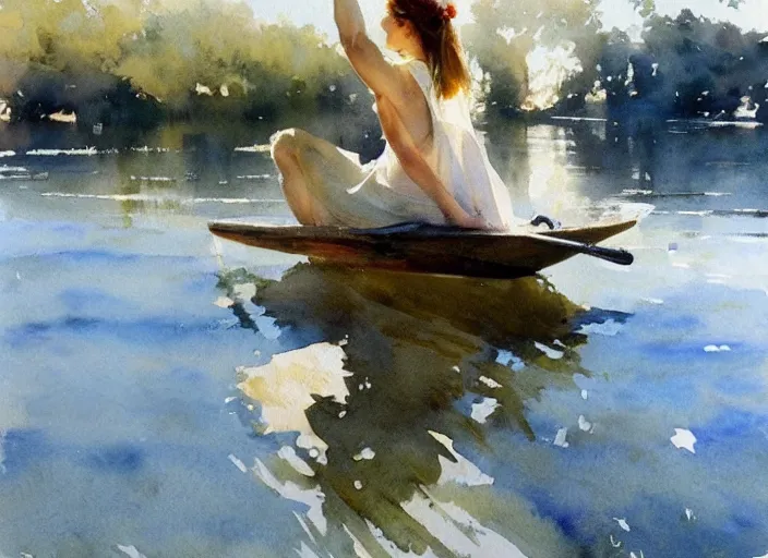 Image similar to watercolor painting of sunny summer morning, calm water, art by anders zorn, wonderful masterpiece by greg rutkowski, beautiful cinematic light, american romanticism by greg manchess, creation by tyler edlin, aquarelle