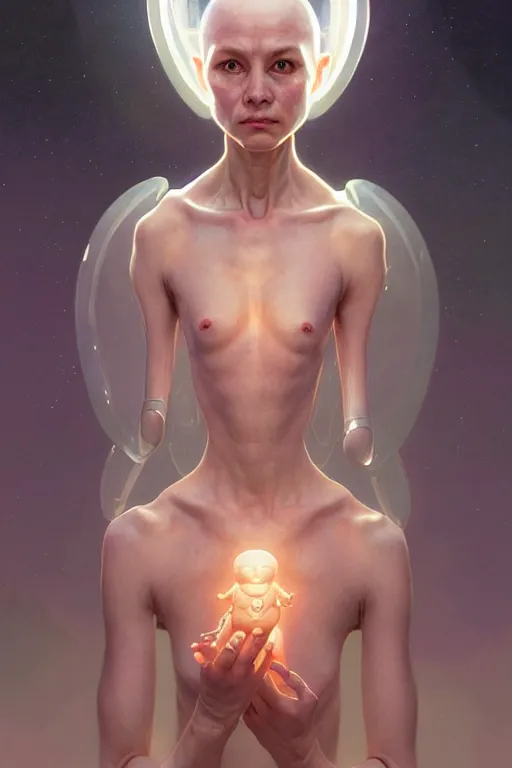 Image similar to clear portrait of a baby alien, cottagecore!!, background hyper detailed, character concept, full body, dynamic pose, intricate, elegant, highly detailed, digital painting, artstation, concept art, smooth, sharp focus, illustration, art by artgerm and greg rutkowski and alphonse mucha