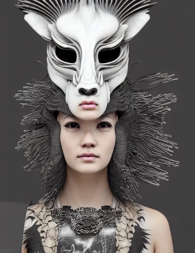 Image similar to 3 d goddess close - up profile simple portrait punk with mohawk with goat skull. beautiful intricately detailed japanese crow kitsune mask and clasical japanese kimono. betta fish, jellyfish phoenix, bio luminescent, plasma, ice, water, wind, creature, artwork by tooth wu and wlop and beeple and greg rutkowski