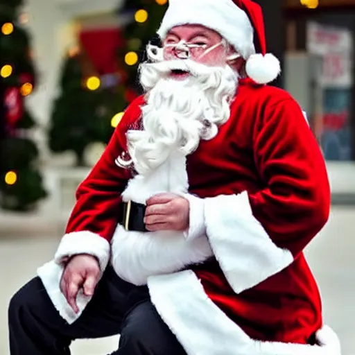 Image similar to a drunk santa crying while having a chils on his lap, shopping mall