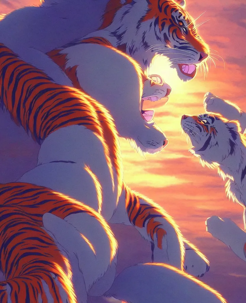 Prompt: beautiful painting from the anime film by studio ghibli blue neon anthropomorphic tiger human hybrid golden hour backlit