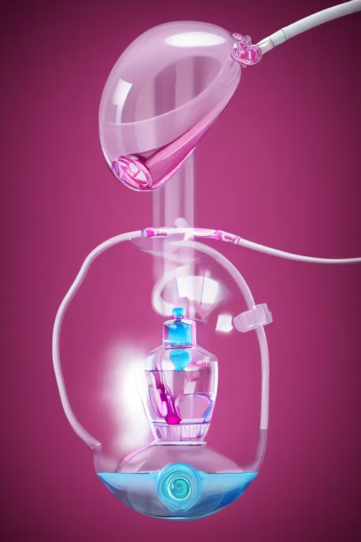 Prompt: Pink Vapor Inhalation Machine Connected to a Spherical Bottle of Pink Liquid Diapers by a Tube, Pink Vapor Leaking from an Oxygen Mask, fantasy, magic, ultra detailed, digital art, trending on artstation, illustration, medical laboratory