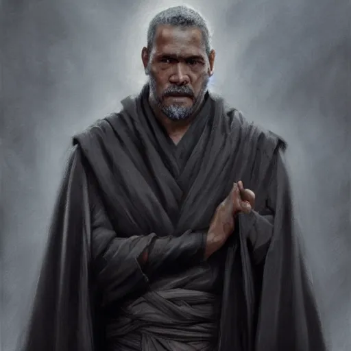 Image similar to portrait of a man by greg rutkowski, old jedi master, black, he looks like laurence fishbourne, star wars expanded universe, he is about 6 0 years old, wearing jedi robes, highly detailed portrait, digital painting, artstation, concept art, smooth, sharp foccus ilustration, artstation hq