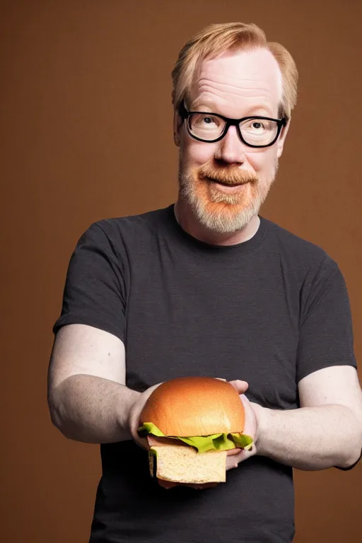 Image similar to 📷 portrait of adam savage with a sandwich head, food head, still image, high resolution, 4 k