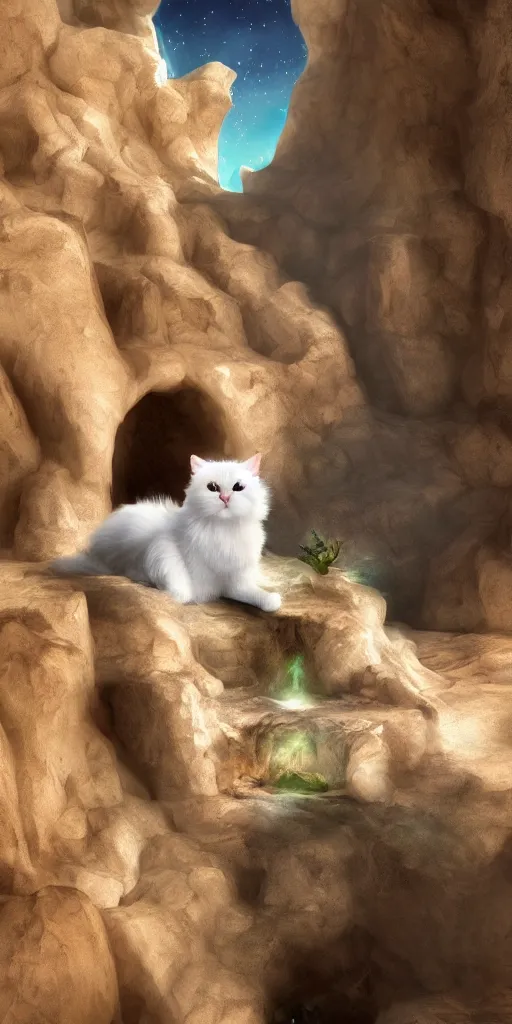 Image similar to white fluffy cat on a throne inside of slot canyons, colorful, behance contest winner, vanitas, angular, altermodern, unreal engine 5 highly rendered, global illumination, radiant light, detailed and intricate environment