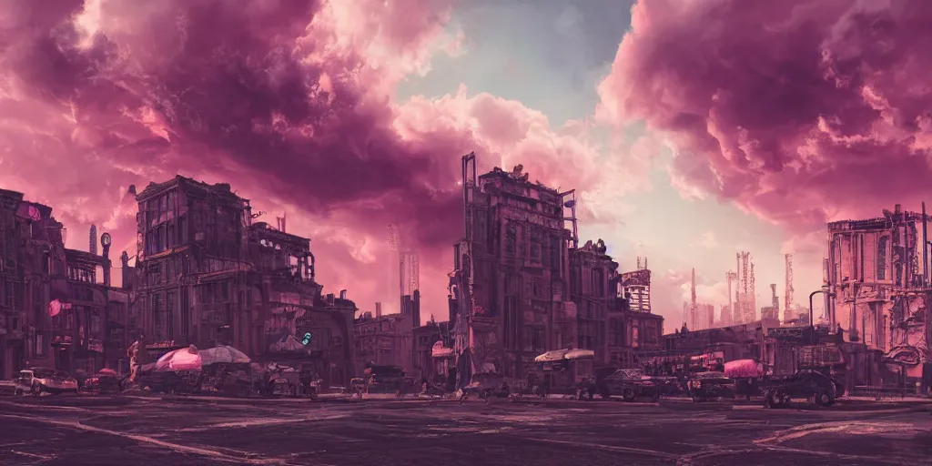 Prompt: oil painting, pink, rich deep colors masterpiece, punks, neon, ultra detailed, contrast, heaven pink, lots of roman arches, punk rock with mohawks, clouds, sky, volumetric light, atmospheric lighting, dramatic, cinematic, steampunk, moody, octane render 4 k, 8 k