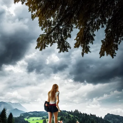 Image similar to a beautiful photograph of a girl with switzerland landscape in the background with trees, hdr, 8 k, high quality, sharp focus, artstation, highly detailed, award - winning, dramatic lighting, beautiful clouds, and nature