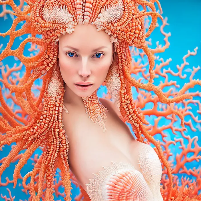 Image similar to photo portrait of a beautiful woman like a nynph-sea-angel, dressed in long elegant intricate ornamental coral and shells white dress, natural skin tone, intricate fractal highly detailed coral and shells ornament in the upper side of breast, bust with a very long neck , elegant, highly detailed intricate coral and shells ornament in her blond long hair, Realistic, Refined, Highly Detailed, Cinematic Lighting, fine art photography by Paolo Roversi, volumetric lighting, hyper realistic photography, dramatic colors scheme